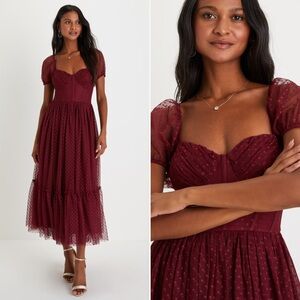 NWT | Lulus | Sweet Amor Burgundy Tulle Swiss Dot Tiered Bustier Midi Dress | L